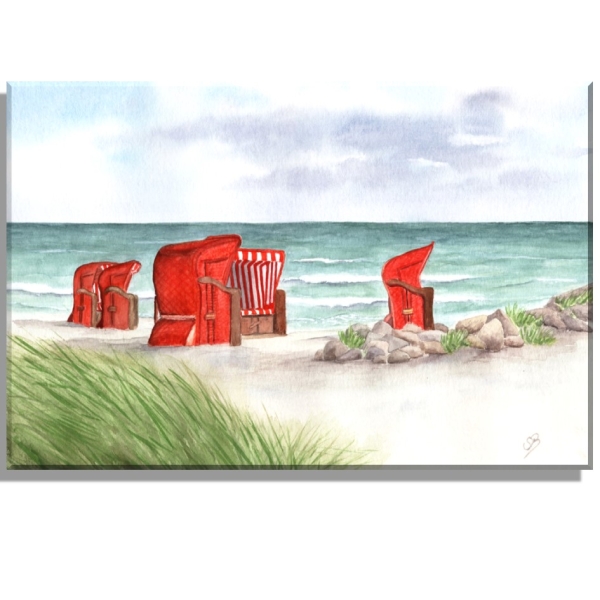 Kühlschrankmagnet Aquarell Kunst Maritim Druck Kunstdruck Strandkörbe rot am Meer Ostsee Meer Strand Dünen
